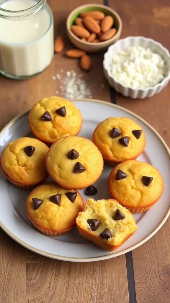 A plate of golden brown zero carb muffins with chocolate chips on a wooden table.